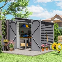 Outsunny 5 x 9ft Galvanised Metal Garden Shed with Foundation Kit, Outdoor Lean-to Shed, Tool Storage House with Lockable Doors, Gloves and 2 Air Vents for Patio, Garden, Grey(m-2)