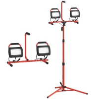 HOMCOM Foco LED Doble con Trípode Plegable 8500 Lúmenes IP65 6500K y Cabezas Ajustables para Trabajo Interior y Exterior Rojo(m-10)