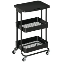 HOMCOM Carrinho de Cozinha com Rodas Carrinho de Armazenamento de 3 Níveis e Rodas com Freio para Sala de Estar Dormitório Escritório 46x34,5x76,5cm Preto(m-10)