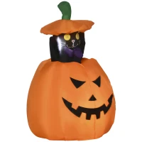 Outsunny Calabaza Inflable de Halloween con Gato Decoración de Halloween con Luces para Exterior 76x64x91-115 cm Naranja(m-1)