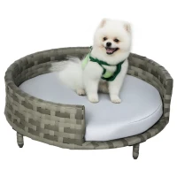 PawHut Sofá para Perros de Ratán Sintético Redonda con Cojín Impermeable y Lavable para Interior y Exterior Ø60x20 cm Gris(m-10)