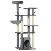 PawHut Torre para Gatos Grande de 144 cm con Postes para Rascar Cama Cueva Plataformas y Bolas Colgantes 49x49x144 cm Gris