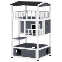 PawHut Wooden Outdoor Cat House, 3-Tier Cat Shelter with Tilted Roof, Terrace, Jump Step, Bottom Tray and Elevated Base, Waterproof Paint, Grey(m-11)