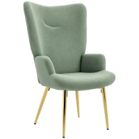 HOMCOM Sedia per Soggiorno con Schienale Alto in Acciaio e Tessuto Effetto Sherpa, 73x68x111 cm, Verde e Oro(m-1)