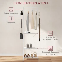 HOMCOM Porte-manteau, portant à vêtements avec tringle de suspension, 4 crochets, étagères, 52 x 30 x 180 cm, blanc(m-4)