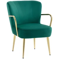 HOMCOM Fotoliu Tapițat în Stil Retro din Catifea cu Brațe și Picioare Aurite, 62x69x79 cm, Verde(m-11)