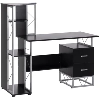 HOMCOM Bureau informatique design industriel 133L x 155l x 123H cm multi-rangements bibliothèque 3 étagères + 2 tiroirs MDF métal MDF noir(m-1)