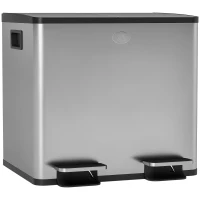 HOMCOM Balde de Lixo de Cozinha com 2 Compartimentos 2x15L Fechamento Suave e Rolo de 30 Bolsas de Lixo 41,7x36,6x43,2 cm Prata(m-10)