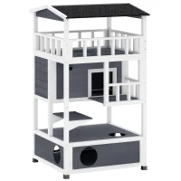 PawHut Wooden Outdoor Cat House, 3-Tier Cat Shelter with Tilted Roof, Terrace, Jump Step, Bottom Tray and Elevated Base, Waterproof Paint, Grey(m-1)