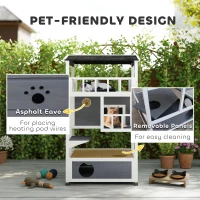 PawHut Wooden Outdoor Cat House, 3-Tier Cat Shelter with Tilted Roof, Terrace, Jump Step, Bottom Tray and Elevated Base, Waterproof Paint, Grey(m-7)