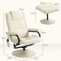 HOMCOM Swivel Recliner Chair and Footstool, Faux Leather Massage Recliner Armchair with Remote Control and Round Wrapped Base, Cream White(m-3)