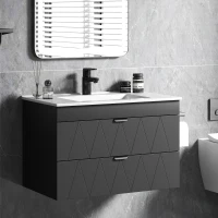 HOMCOM Mobiletto Sospeso per Lavabo con Lavabo in Ceramica e Cassetti Soft-Close Nero(m-2)