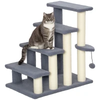 PawHut Arranhador para Gatos de 4 Níveis Escada para Animais de Estimação Revestida com Franela Suave Poste de Sisal Bola Suspensa 60x40x64 cm Cinzento(m-10)