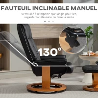 HOMCOM Fauteuil de relaxation inclinable avec repose-pied, pivotant, cadre en bois , revêtement synthétique noir(m-4)
