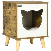 PawHut Caseta de Madera para Gatos Casa para Gatos Interior con Cojín Lavable y Patas Elevadas 34x34x44,5 cm Marrón(m-1)