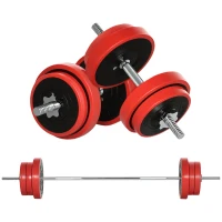 HOMCOM Set Bilanciere e Dischi 65kg totali per Workout in Casa, in Metallo, Sabbia di Ferro e Gomma, Rosso(m-1)