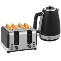 HOMCOM Stainless Steel Kettle and Toaster Set, 1.7L 3000W Rapid Boil Jug Kettle with UK Strix Thermostat, Limescale Filter, 4 Slice Toaster with 7 Browning Controls, Crumb Tray, Black and Silver Tone(m-11)