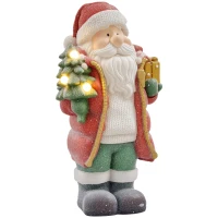 HOMCOM Weihnachtsmannfigur mit Baum und Geschenk, 3 warmweiße LEDs, batteriebetrieben, 50 cm(m-10)