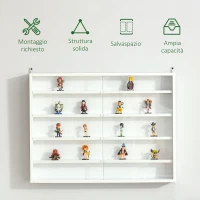 HOMCOM Vetrina Espositiva da Parete a 4 Ripiani Regolabili, Vetrinetta per Collezionismo, Bacheca Espositore a Muro per Oggetti da Collezione, in Vetro e Truciolato, 80x9.5x60 cm, Bianco(m-6)