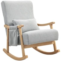 HOMCOM Silla Mecedora de Pana con Patas y Reposabrazos de Madera de Caucho Cojín Lumbar y Bolsillo Carga 120 kg Gris(m-10)