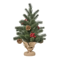 HOMCOM Mini-Weihnachtsbaum Weihnachtsdekoration, inkl. Schmuck, rote Beeren, 50 cm hoch, inkl. Zementsockel, Grün + Mehrfarbig(m-1)