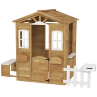 Outsunny Casetta per Bambini in Legno con Finestre, Staccionata e Panca, 205x119x140 cm, Legno Naturale(m-10)