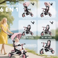 AIYAPLAY Tricycle bébé évolutif 6 en 1, tricycle enfant pliable avec poignée parentale réglable, siège pivotant 360°, rose(m-4)