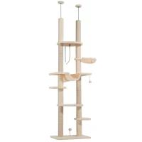 PawHut Árbol para Gatos de Suelo a Techo 225-255 cm con Hamacas Plataformas Juguete de Cuerda Bola de Juguete Beige y Gris(m-1)