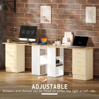 HOMCOM Computer Desk, Writing Table, PC Workstation with 3 Storage Shelves and Drawers, Silver Handle, for Home Office, Natural Wood Finish and White(m-6)