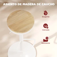 HOMCOM Juego de 2 Taburetes Altos de Cocina con Altura Ajustable Asiento de Madera Marco de Acero y Reposapiés Natural y Blanco(m-6)