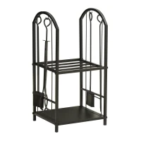 Outsunny Suport pentru Lemne cu 2 Rafturi, Lopată, Mătură și Clește, 41,5x32,5x74,5 cm, Negru(m-10)
