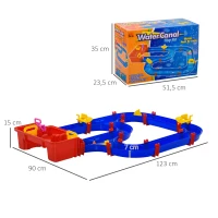 HOMCOM Juego de Agua para Niños Pista de Agua Set de 53 Piezas Juguete de Agua Aprendizaje para 3-6 Años Jardín Exterior Mesa de Agua Infantil Diversión Acuática Plástico Azul+Rojo 123 x 90 x 7 cm(m-3)