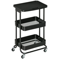 HOMCOM Carrinho de Cozinha com Rodas Carrinho de Armazenamento de 3 Níveis e Rodas com Freio para Sala de Estar Dormitório Escritório 46x34,5x76,5cm Preto(m-1)