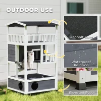 PawHut Wooden Outdoor Cat House, 3-Tier Cat Shelter with Tilted Roof, Terrace, Jump Step, Bottom Tray and Elevated Base, Waterproof Paint, Grey(m-6)