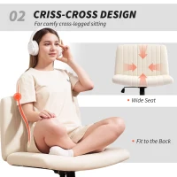 HOMCOM Armless Office Chair No Wheels, Linen Fabric Criss Cross Legged Desk Chair with Wide Seat, Thick Padding, Tilt Function, Height Adjustable Swivel Computer Seat for Home, Cream(m-5)