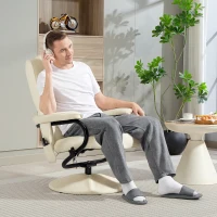 HOMCOM Swivel Recliner Chair and Footstool, Faux Leather Massage Recliner Armchair with Remote Control and Round Wrapped Base, Cream White(m-7)
