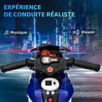 HOMCOM Moto électrique enfants 3 roues 6 V, voiture électrique enfants 3 à 5 ans, effets lumineux et sonores, 86x42x52cm, bleu(m-4)
