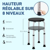 HOMCOM Tabouret de Douche réglable en Hauteur siège de Douche Ergonomique Pieds antidérapants Charge Max. 136 Kg alu HDPE Noir(m-7)