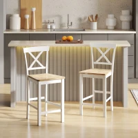 HOMCOM Ensemble de 2 tabourets de bar avec dossier et repose-pied en bois de caoutchouc, pour cuisine, salle à manger, bar, Chêne+Blanc(m-2)
