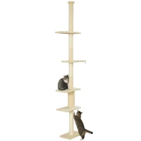 PawHut Arranhador para Gatos do Chão ao Teto 225-275 cm Torre para Gatos com Múltiplas Plataformas Sistema Anti-Tombo Creme(m-10)