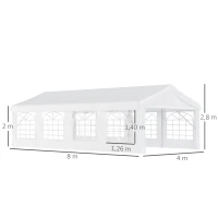Outsunny Carpa de Jardín 8x4 m Pérgola Cenador Pabellón Cochera Gazebo con 4 Paneles Laterales y 8 Ventanas para Fiestas Blanco(m-3)