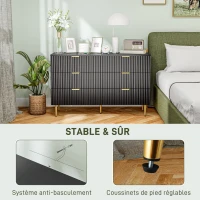 HOMCOM Commode 6 tiroirs commode chambre meuble de rangement moderne avec poignées et pieds dorés, 120 x 40 x 76,5 cm, noir(m-6)