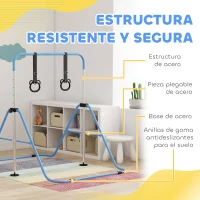 HOMCOM Barra de Gimnasia para Niños con Altura Ajustable en 5 Niveles y Anillos Entrenamiento de Gimnasia Plegable en Casa Azul(m-5)