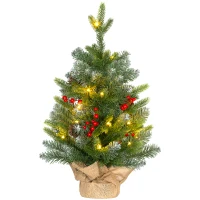 HOMCOM Sapin de Noël 60 cm arbre de Noël de table avec lumière LED, 141 pointes, pommes de pin et baies rouges, base en béton(m-11)