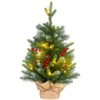 HOMCOM Sapin de Noël 60 cm arbre de Noël de table avec lumière LED, 141 pointes, pommes de pin et baies rouges, base en béton(m-10)
