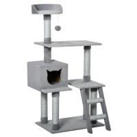 PawHut Árbol Rascador para Gatos Grande Altura 124 cm Torre de Escalada con Plataformas Escalera Cueva Postes de Yute y Bola Colgante Juego y Descanso 60,5x40x124 cm Gris(m-1)