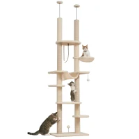 PawHut Arranhador para Gatos do Chão ao Teto 225-255 cm com 7 Níveis Rede Plataformas Postes de Arranhar  Bege e Cinza(m-10)