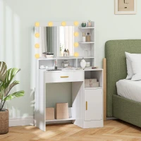 HOMCOM Coiffeuse avec miroir et 10 lumières LED, luminosité réglable, tiroir, placard et étagères ouvertes, 80x40x135cm, blanc(m-7)
