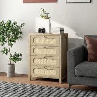 HOMCOM Cassettiera 4 cassetti in stile boho con ante in resina intrecciata, 70x38x93 cm, Legno Naturale(m-2)