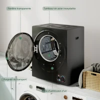 HOMCOM Sèche-linge électrique portable 850W, capacité 33L 4 modes de fonctionnement, acier inoxydable, 49 x 40,5 x 60 cm, noir(m-5)